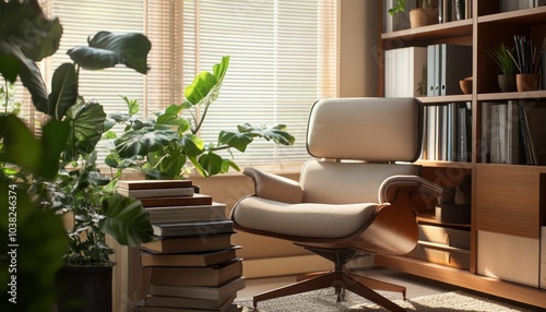 A well-lit home office space with a focus on wellness books plants and a cozy chair encouraging a balanced lifestyle
