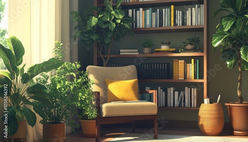 A well-lit home office space with a focus on wellness books plants and a cozy chair encouraging a balanced lifestyle
