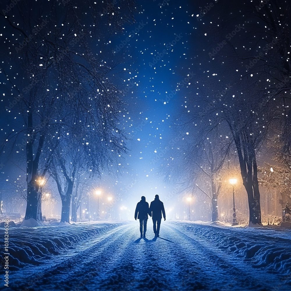 A couple walks hand-in-hand through a snowy, illuminated park at night. A couple walks hand-in-hand through a snowy, illuminated park at night.