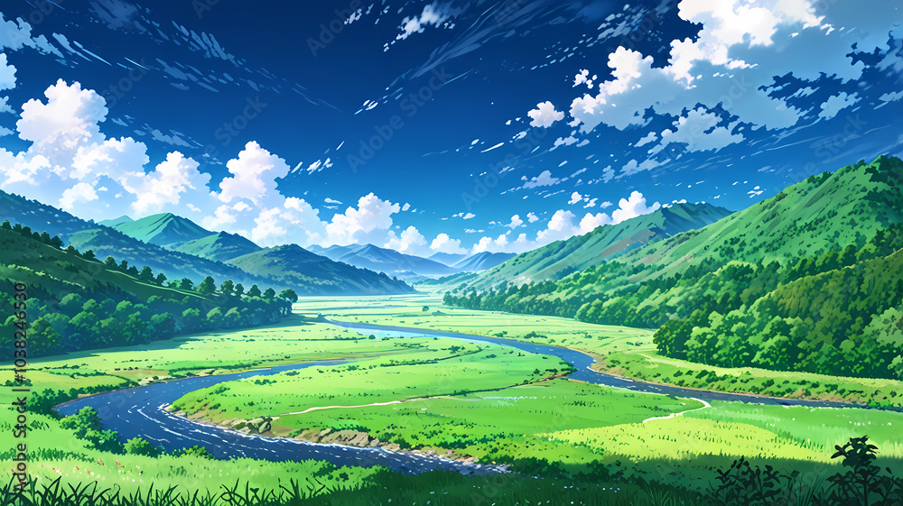 Fototapeta premium Serene landscape featuring rolling green hills, a winding river, and a bright blue sky adorned with fluffy clouds, perfect for nature lovers and outdoor enthusiasts.