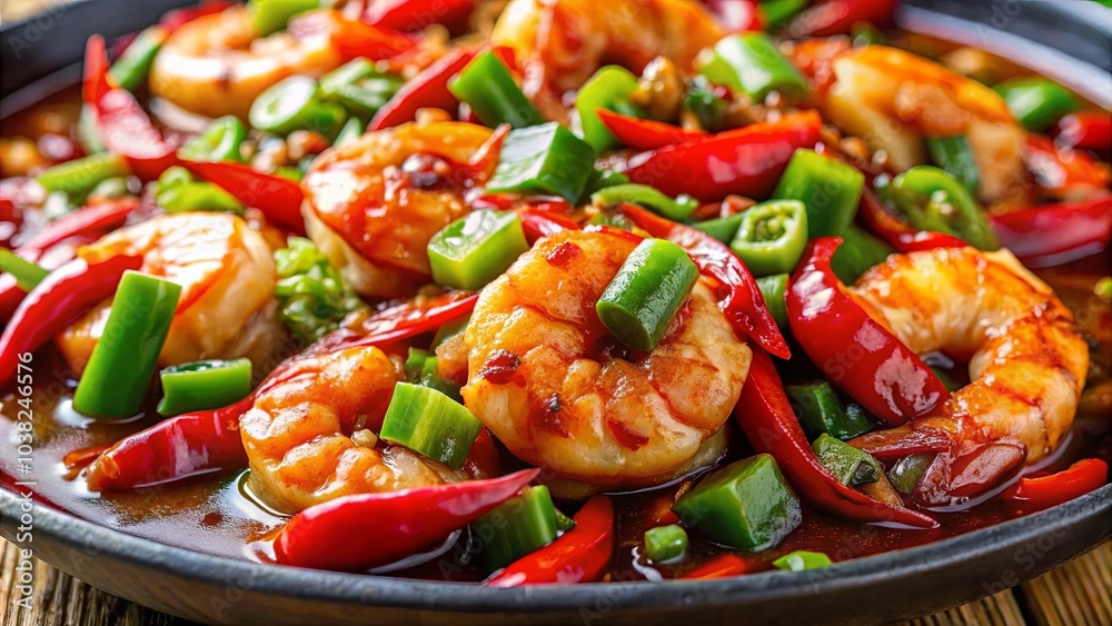 Aromatic Shrimp Stir-Fry with Chili Peppers and Green Onions, Simmered in a Rich, Savory Sauce Aromatic Shrimp Stir-Fry with Chili Peppers and Green Onions, Simmered in a Rich, Savory Sauce
