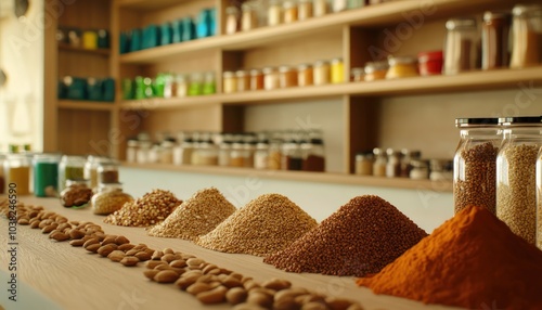 A well-organized kitchen with healthy ingredients displayed including grains nuts and colorful spices emphasizing healthy cooking