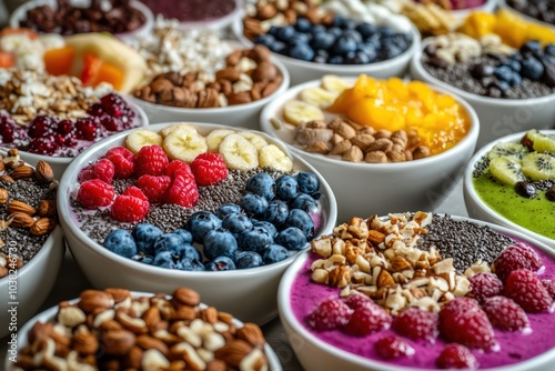An array of colorful smoothie bowls topped with fresh fruits and nuts arranged aesthetically on a table