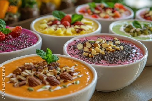An array of colorful smoothie bowls topped with fresh fruits and nuts arranged aesthetically on a table