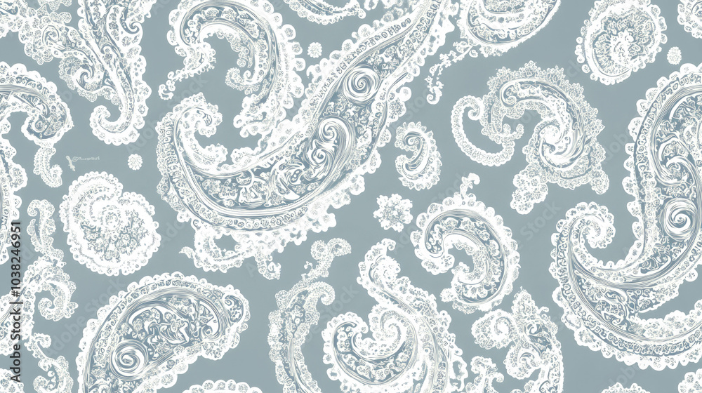 Seamless pattern of white paisley designs on a light blue background. Seamless pattern of white paisley designs on a light blue background.