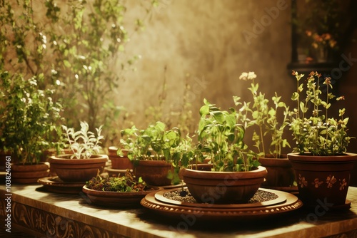 An artistic display of herbs and plants growing in pots showcasing the beauty of natural wellness solutions