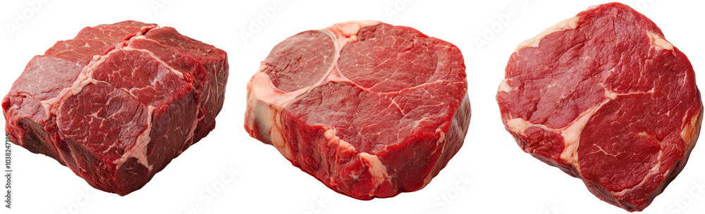 Obraz premium Prime Cuts, Three succulent, raw beef steaks, ready for grilling. Exquisite marbling
