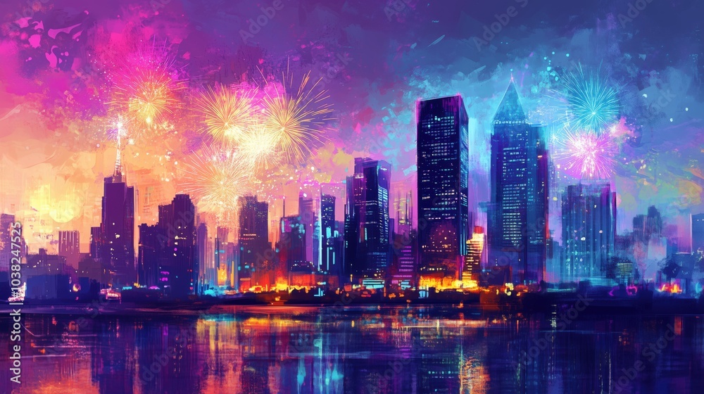 Feuerwerk über einer farbenprächtigen Skyline Feuerwerk über einer farbenprächtigen Skyline