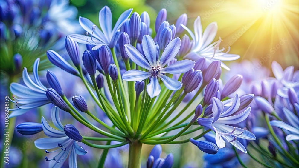 Obraz premium A delicate cluster of blue and purple flowers bathed in sunlight, showcasing the beauty of nature's subtle artistry.