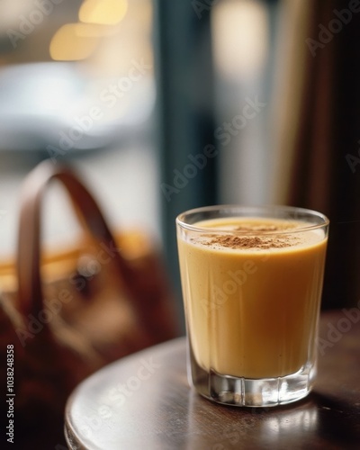 Cup filled with creamy pumpkin smoothie in a cozy cafe setting, Fall vibes