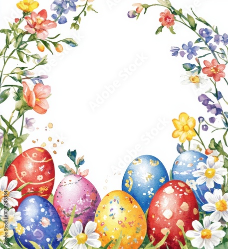 A colorful arrangement of decorated Easter eggs surrounded by vibrant flowers in springtime