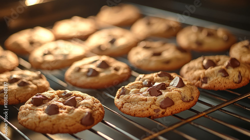 Freshly baked chocolate chip cookies on an oven rack.