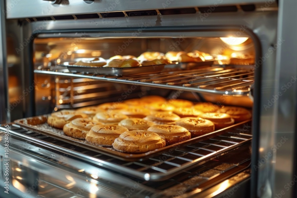 Freshly baked cookies cooling on trays inside an oven Freshly baked cookies cooling on trays inside an oven