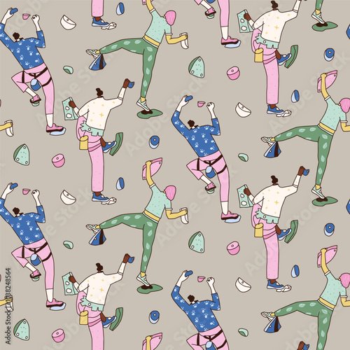 Climbing wall with people seamless pattern. Rock clambering park endless background. Indoor bouldering repeat cover. Cliff wall continuous ornament. Vector hand drawn flat illustration.