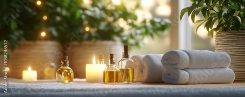 An inviting spa setting with essential oils candles and soft towels creating a relaxing atmosphere for rejuvenation
