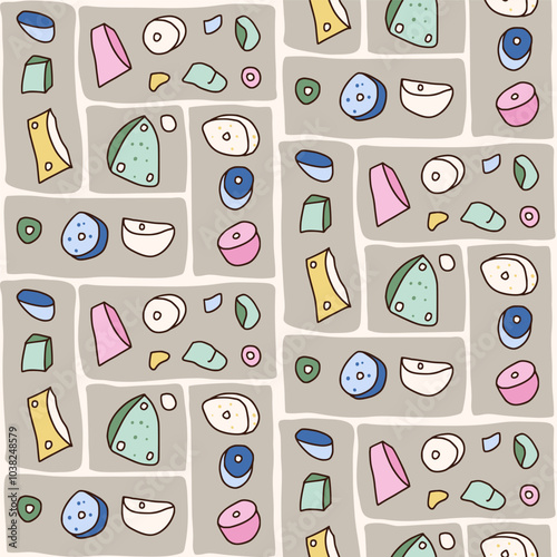 Climbing wall seamless pattern. Rock clambering park endless background. Indoor bouldering repeat cover. Surface pattern design extreme sport motif. Vector hand drawn illustration.