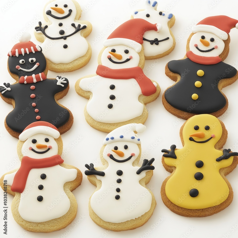 Fototapeta premium Colorful snowman-shaped cookies decorated for festive occasions.