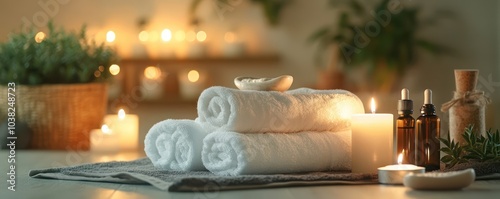 An inviting spa setting with essential oils candles and soft towels creating a relaxing atmosphere for rejuvenation