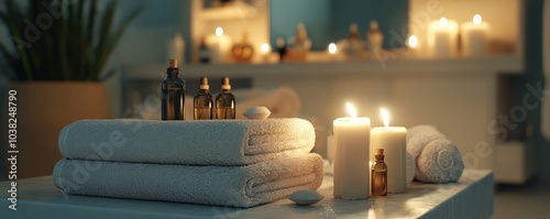 An inviting spa setting with essential oils candles and soft towels creating a relaxing atmosphere for rejuvenation