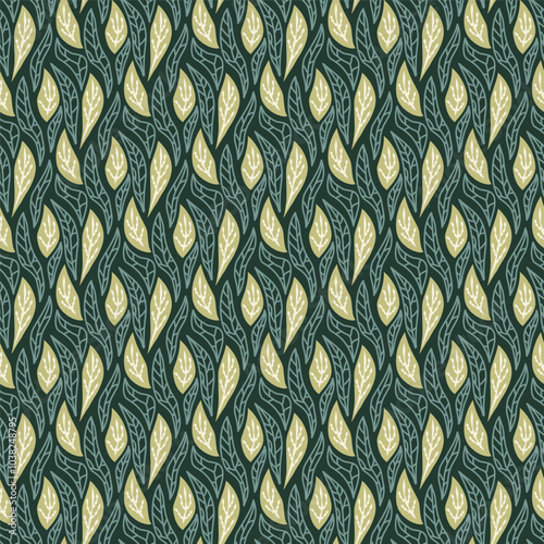 Foliage floating seamless pattern. Stylized leaves on dark green background endless background. Surface pattern design secret garden motif. Vector hand drawn illustration.