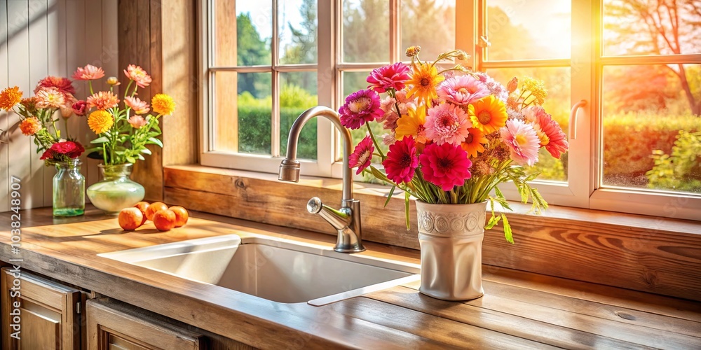 A Rustic Kitchen Sink with a Vibrant Bouquet of Flowers Adorned with the Warm Glow of Sunlight Streaming Through a Window A Rustic Kitchen Sink with a Vibrant Bouquet of Flowers Adorned with the Warm Glow of Sunlight Streaming Through a Window