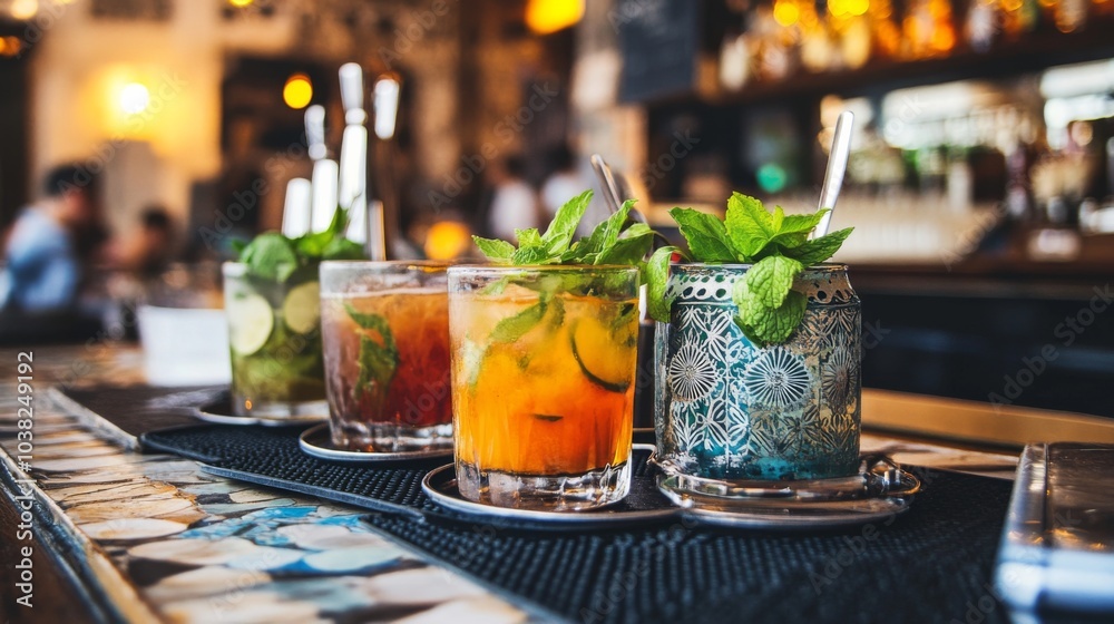 Vibrant Eastern Beverages on Rustic Bar Counter Vibrant Eastern Beverages on Rustic Bar Counter