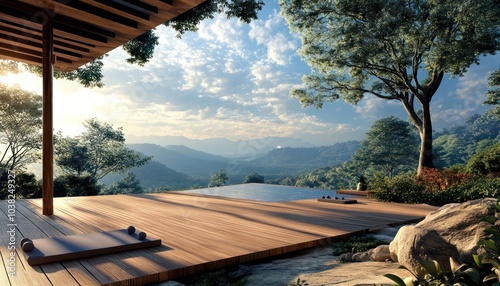 An outdoor yoga deck overlooking a serene landscape encouraging mindfulness and connection to nature