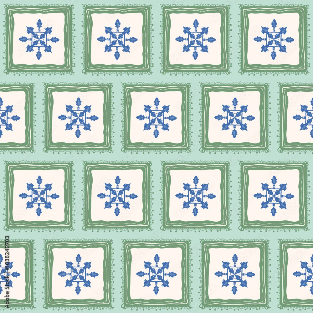 Snowflake seamless pattern. Surface pattern design xmas motif. Vector hand drawn flat illustration.