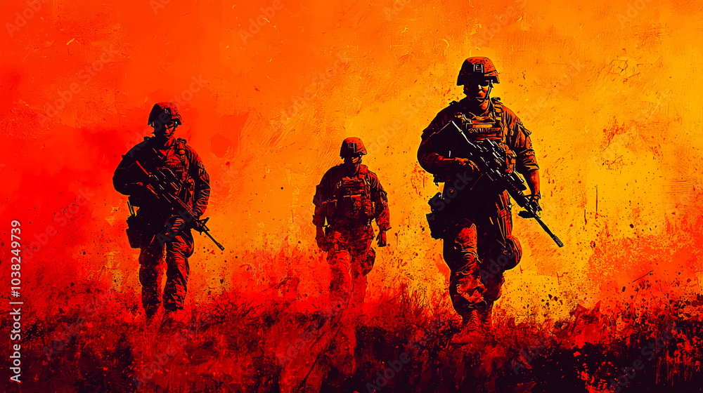 Fototapeta premium Three soldiers in camouflage uniforms with rifles walking through a fiery orange battlefield.