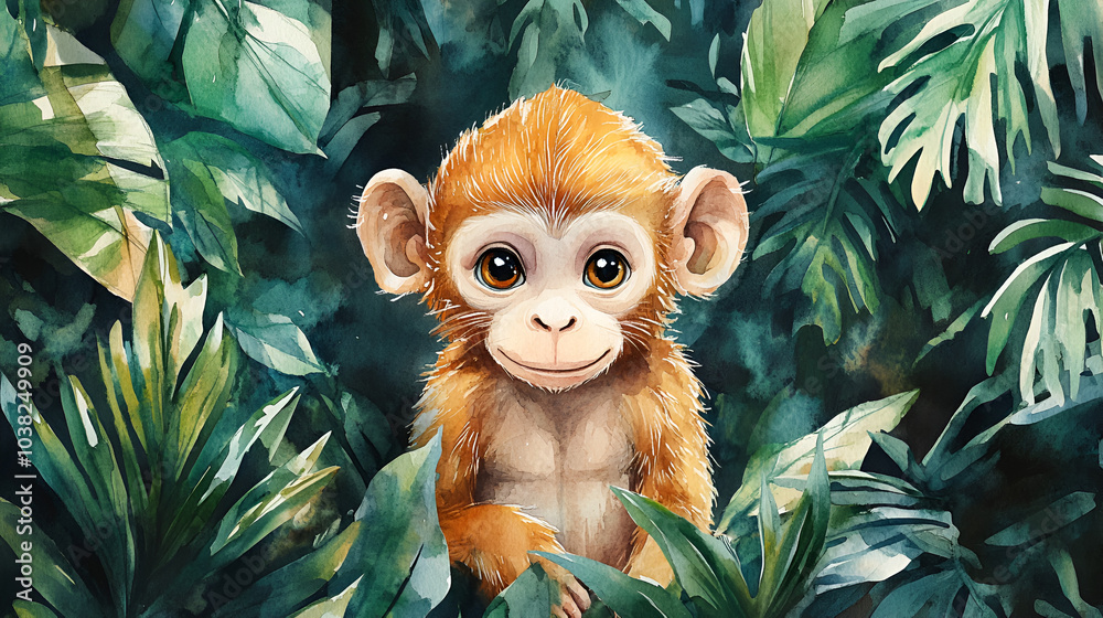 Obraz premium Aquarelle Illustration of a Monkey in the Jungle, Fun Animal Art, Perfect for Kids and Outdoor-Themed Designs
