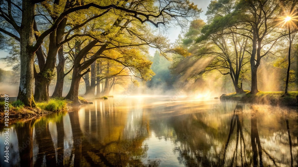 Golden Light Streaks Through the Mist on a Tranquil River, Illuminating the Tranquil Scene and Reflecting Off the Still Waters Golden Light Streaks Through the Mist on a Tranquil River, Illuminating the Tranquil Scene and Reflecting Off the Still Waters
