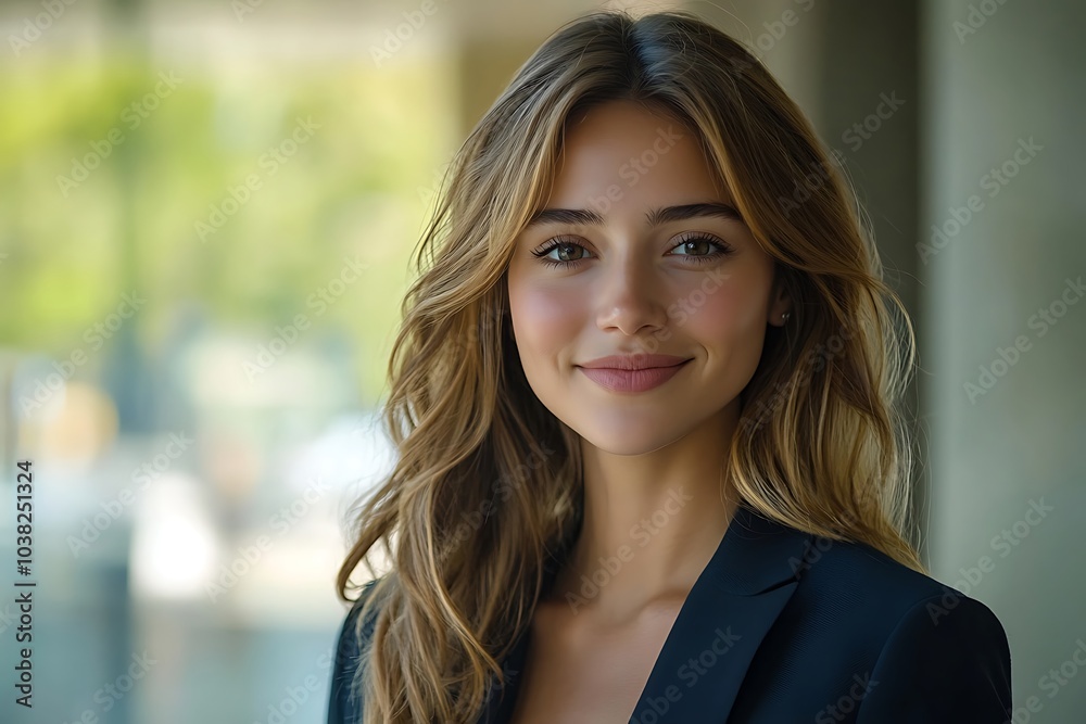 Young Woman in Dark Blazer Smiling, Natural Lighting Portrait Photo Young Woman in Dark Blazer Smiling, Natural Lighting Portrait Photo