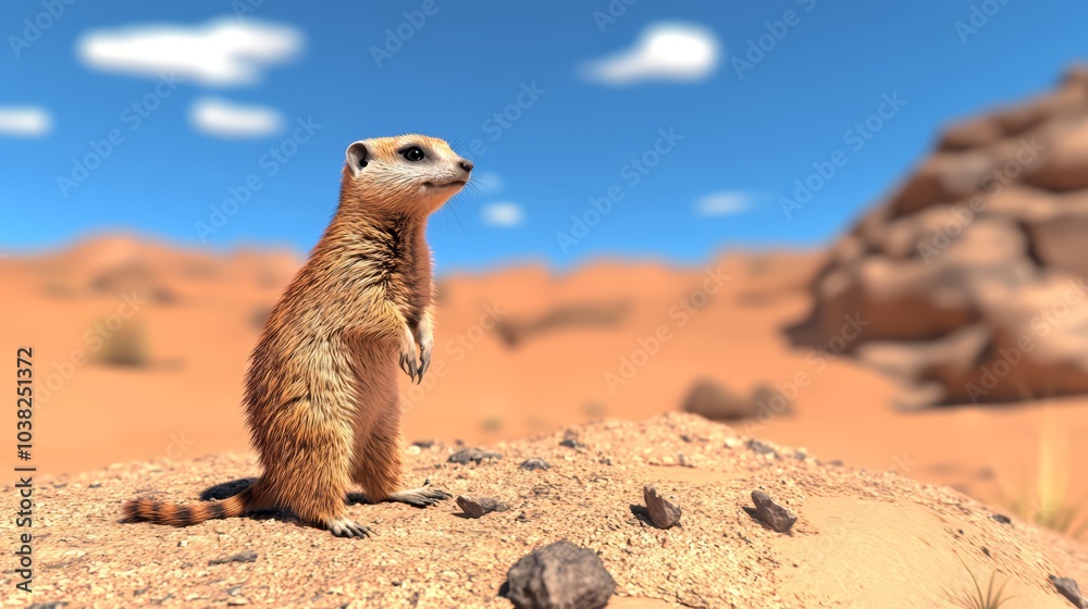 Fototapeta premium Meerkat standing on a rock in a desert environment, blue sky and clouds in background.