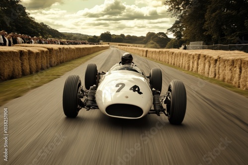 A classic white racing car speeding along a vintage race track, with hay bales lining the track and a nostalgic atmosphere, race, retro, speed, track