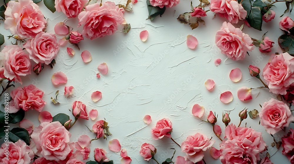 Decorative web banner featuring blooming pink roses and delicate petals scattered across a white table The floral frame composition leaves an empty space in the center viewed from the top Decorative web banner featuring blooming pink roses and delicate petals scattered across a white table The floral frame composition leaves an empty space in the center viewed from the top