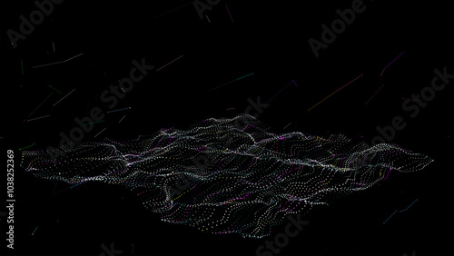 Vector glowing colors wave with motion dots and top view. Abstract digital background. Concept connection big data. Futuristic technology backdrop.