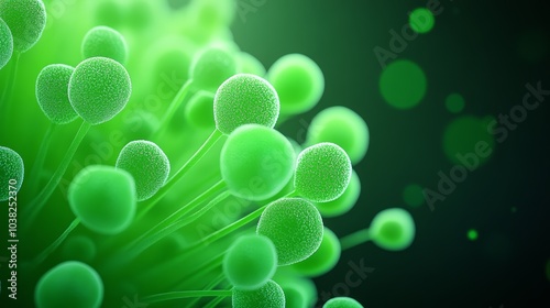 Microscopic view of green cellular structures on a dark background. photo