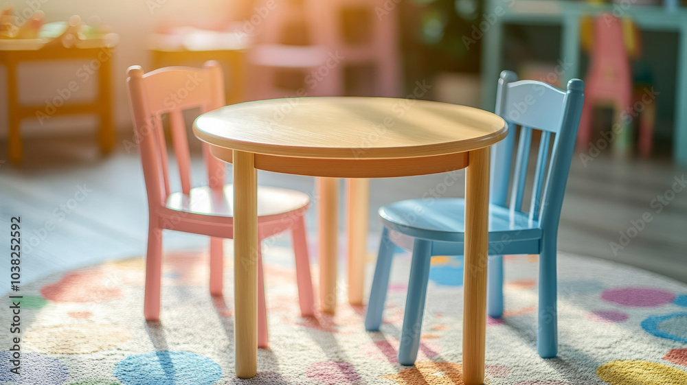 Two colorful children's chairs and a round table in a sunny playroom. Two colorful children's chairs and a round table in a sunny playroom.