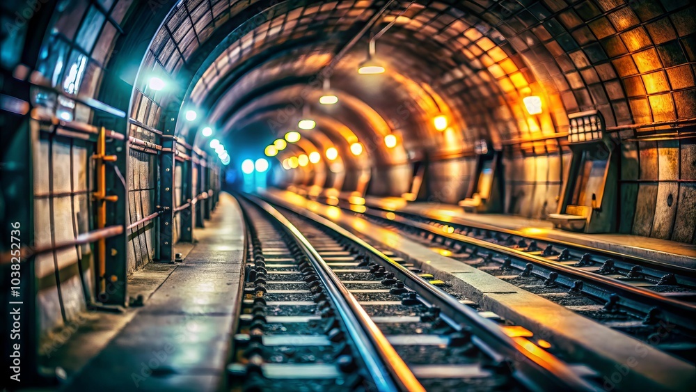 Subway Underground Tunnel with Blurry Rail Tracks in Tilt-Shift Photography Style for Urban Exploration and Transportation Themes Subway Underground Tunnel with Blurry Rail Tracks in Tilt-Shift Photography Style for Urban Exploration and Transportation Themes