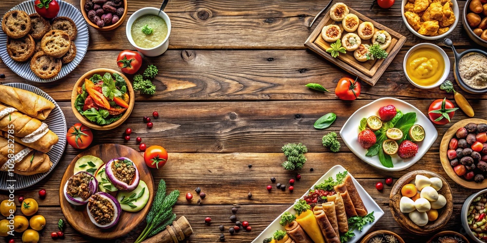 A Bountiful Feast of Colors and Textures, Arranged with Care on a Rustic Wooden Surface A Bountiful Feast of Colors and Textures, Arranged with Care on a Rustic Wooden Surface