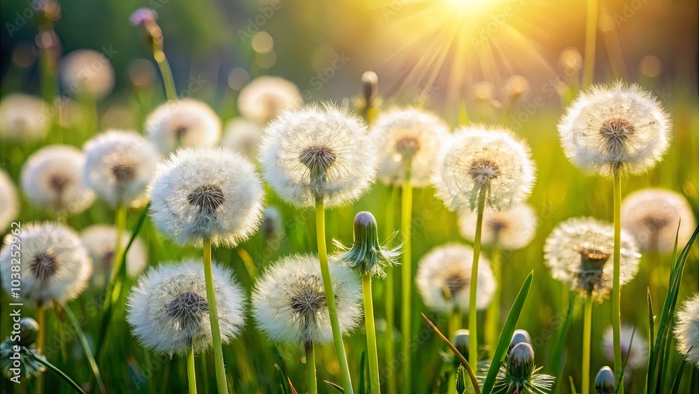 Obraz premium A field of white dandelions bathed in the golden light of the setting sun, with their delicate seed heads catching the rays like tiny, shimmering stars.