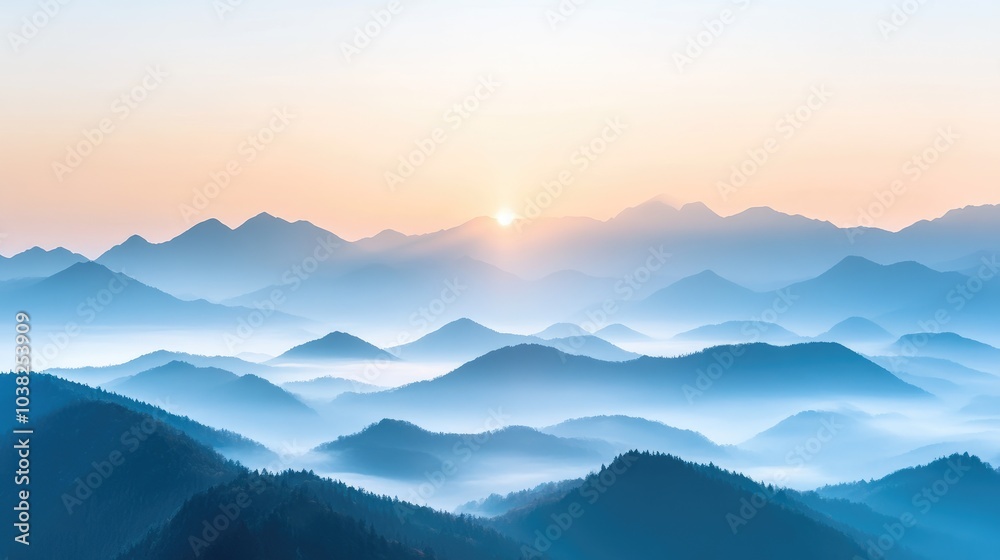 Fototapeta premium A serene view of mountains covered in mist, with soft light breaking through at sunrise, symbolizing the tranquility of untouched nature