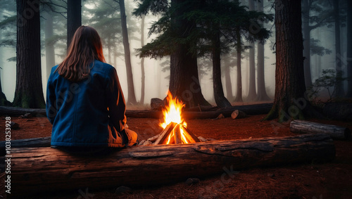 The contrast of warm firelight and misty forest creates a peaceful scene with a lone person sitting on a log photo