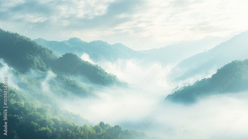 A tranquil mountain valley covered in mist, with soft morning light glowing through the fog, symbolizing serenity and natural beauty A tranquil mountain valley covered in mist, with soft morning light glowing through the fog, symbolizing serenity and natural beauty