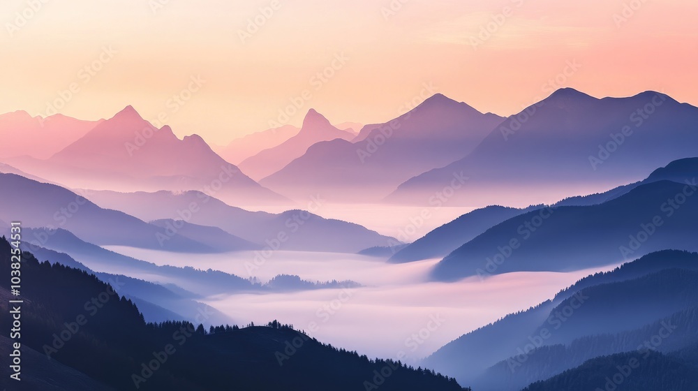 A tranquil view of misty mountains bathed in soft morning light, with layers of fog drifting between the peaks, creating a peaceful and serene landscape A tranquil view of misty mountains bathed in soft morning light, with layers of fog drifting between the peaks, creating a peaceful and serene landscape