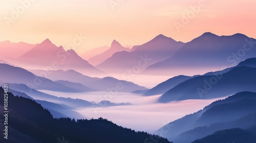 A tranquil view of misty mountains bathed in soft morning light, with layers of fog drifting between the peaks, creating a peaceful and serene landscape