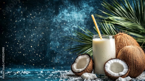 Tropical delight, fresh coconut milk with coconut pieces and leaves on a blue background photo