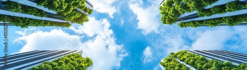 Modern skyscrapers with green trees under a clear blue sky