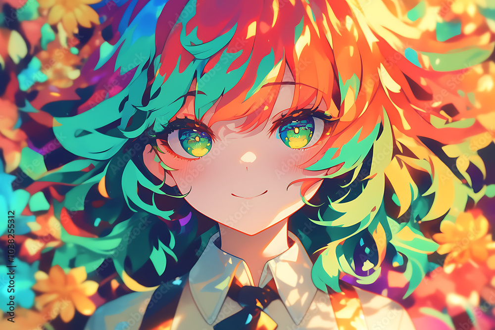 close up of super cute girl with bright gradient hair, anime style close up of super cute girl with bright gradient hair, anime style