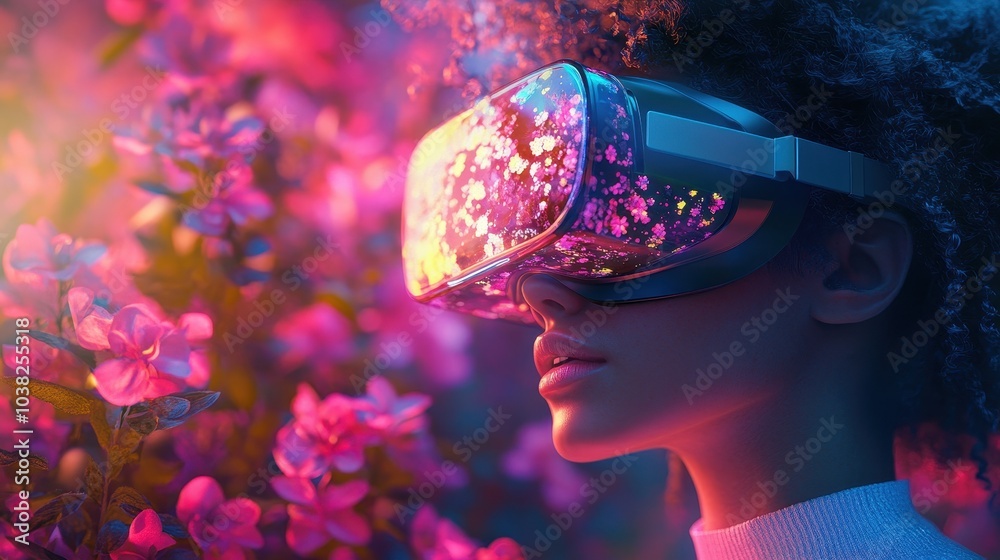 ethereal woman in neonlit cyberspace wearing futuristic vr glasses holographic flowers bloom around her merging reality and virtual worlds vibrant colors dynamic composition
